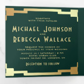 Vierkante Art Deco Frame Smaragd Goud QR Code Trou Drieluik Uitnodiging (Binnenzijde eerst)