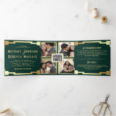 Vierkante Art Deco Frame Smaragd Goud QR Code Trou Drieluik Uitnodiging (Binnen)