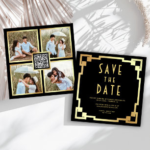 Vierkante Art Deco Frame Zwart Goud QR Code Trouwe Save The Date