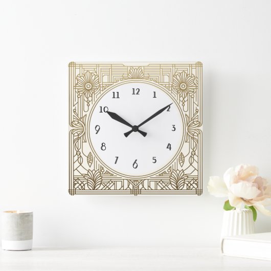 Vierkante Art Deco klok in crème wit en goud (Huis)