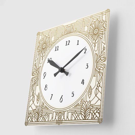 Vierkante Art Deco klok in crème wit en goud (Hoek)