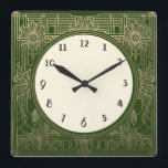 Vierkante Art Deco klok in donkergroen en goud<br><div class="desc">Art Deco klok,  Art Nouveau klok,  Gold Cream, 1920s vierkant,  stijlvolle verfijnde 1920 stijl,  retro  antiek,  ouderwets fancy,  faux gouden lijn art,  eenvoudige minimalistische vierkante klok,  minimalistisch patroonontwerp</div>
