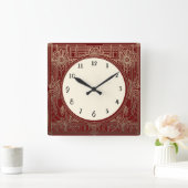 Vierkante Art Deco klok in donkerrood en goud (Huis)