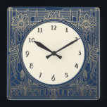 Vierkante Art Deco klok in Navy Donkerblauw en Gou<br><div class="desc">Art Deco klok,  Art Nouveau klok,  Gold Cream White, 1920s vierkant,  stijlvolle verfijnde 1920 stijl,  retro  antiek,  ouderwets fancy,  faux golden line art,  eenvoudige minimalistische vierkante klok,  minimalistisch patroonontwerp</div>