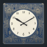 Vierkante Art Deco klok in Navy Donkerblauw en Gou<br><div class="desc">Art Deco klok,  Art Nouveau klok,  Gold Cream White, 1920s vierkant,  stijlvolle verfijnde 1920 stijl,  retro  antiek,  ouderwets fancy,  faux golden line art,  eenvoudige minimalistische vierkante klok,  minimalistisch patroonontwerp</div>