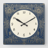 Vierkante Art Deco klok in Navy Donkerblauw en Gou (Voorkant)