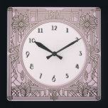 Vierkante Art Deco klok in roze<br><div class="desc">Art Deco klok,  Art Nouveau klok,  1920s vierkant,  stijlvolle verfijnde 1920 stijl,  retro  antiek,  ouderwets fancy,  faux golden line art,  eenvoudige minimalistische vierkante klok,  minimalistisch patroonontwerp</div>