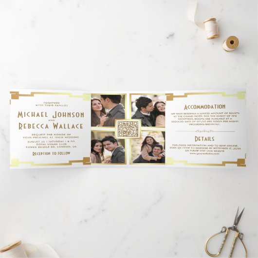 Vierkante Art Deco lijst Wit Gouden QR-code Trouwd Drieluik Uitnodiging (Binnen)