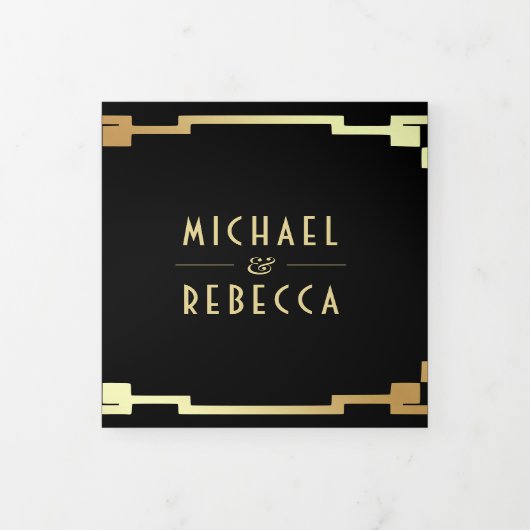 Vierkante Art Deco Lijst Zwart Goud QR Code Bruilo Drieluik Uitnodiging (Cover)