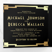 Vierkante Art Deco Lijst Zwart Goud QR Code Bruilo Drieluik Uitnodiging (Binnenzijde eerst)