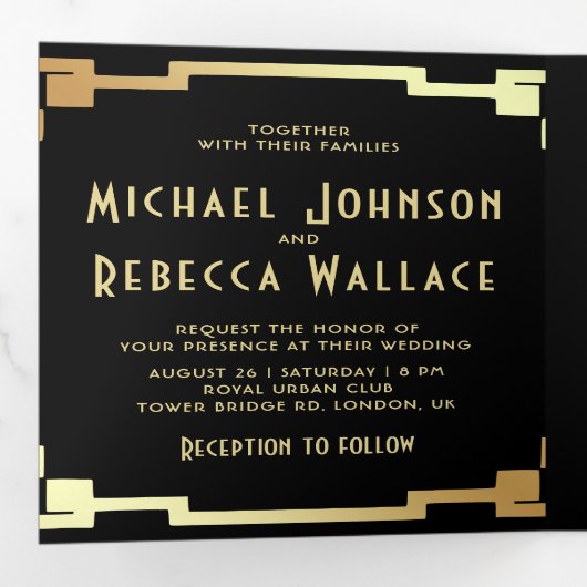 Vierkante Art Deco Lijst Zwart Goud QR Code Bruilo Drieluik Uitnodiging (Binnenzijde eerst)