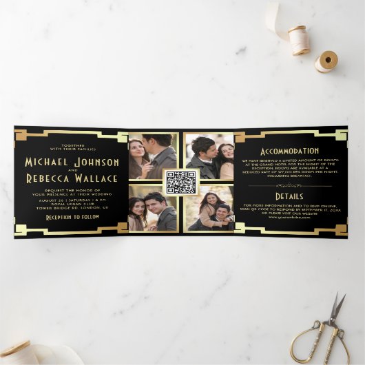 Vierkante Art Deco Lijst Zwart Goud QR Code Bruilo Drieluik Uitnodiging (Binnen)