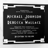 Vierkante Art Deco Lijst Zwart Wit QR Code Bruilof Drieluik Uitnodiging (Binnenzijde eerst)