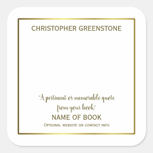 Vierkante Auteur Handtekening Gouden Boekplaat Vierkante Sticker (Voorkant)