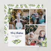 Vierkante blauwe bessen Fotocollage Vrolijk Kerstf Feestdagenkaart (Voorkant / Achterkant)