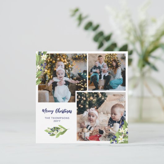 Vierkante blauwe bessen Fotocollage Vrolijk Kerstf Feestdagenkaart (Staand voorkant)