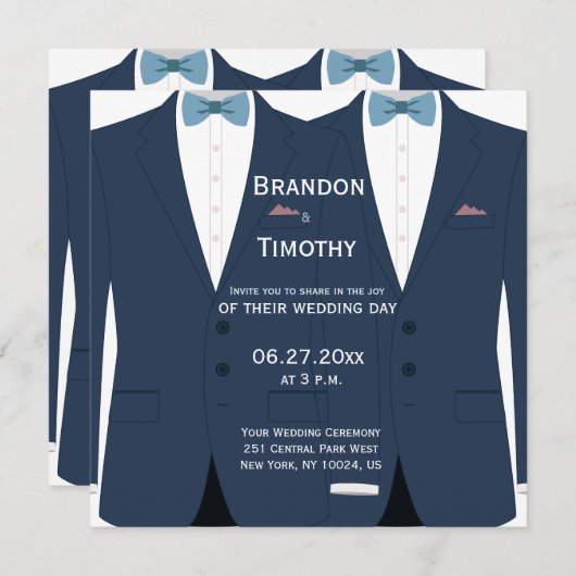 Vierkante blauwe gay bruiloft uitnodigingen (Voorkant / Achterkant)