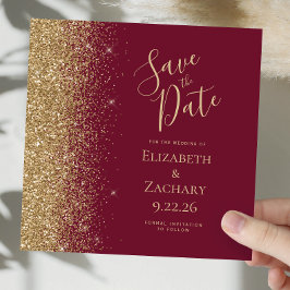 Vierkante Bourgogne Red Gold Glitter Save the Date Aankondiging