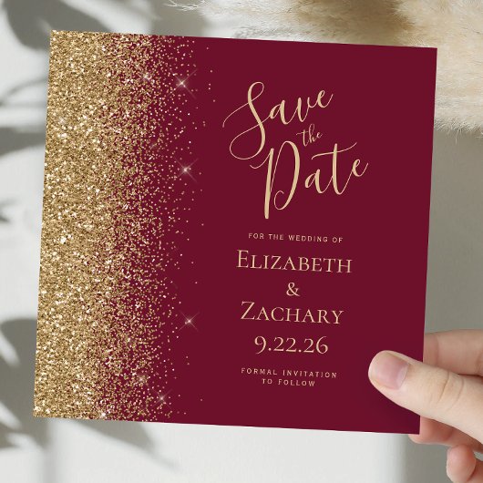 Vierkante Bourgogne Red Gold Glitter Save the Date Aankondiging