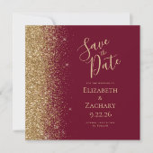 Vierkante Bourgogne Red Gold Glitter Save the Date Aankondiging (Voorkant)
