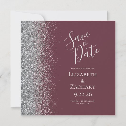 Vierkante Bourgogne Zilveren Glitter Save the Date Aankondiging (Voorkant)