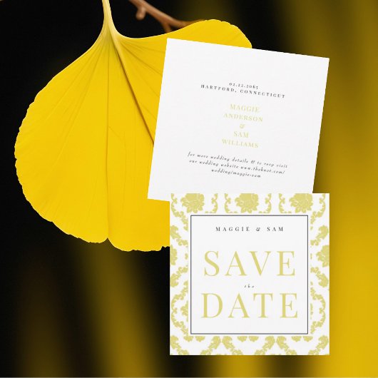 Vierkante Buttery Geel Damask Wedding Save Datum Save The Date