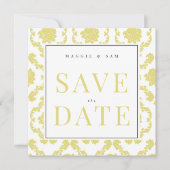 Vierkante Buttery Geel Damask Wedding Save Datum The Date (Voorkant)