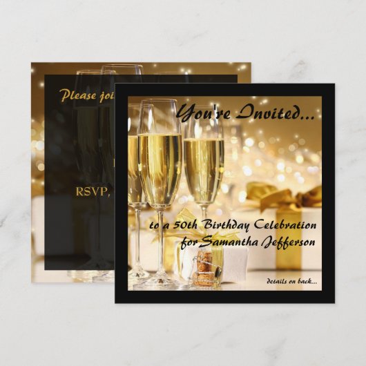 Vierkante Champagne Sparkle Golden 50e verjaardag Kaart (Voorkant / Achterkant)