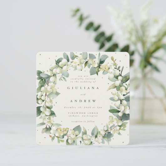 Vierkante Crème Snowberry + Eucalyptus krans bruil Kaart (Staand voorkant)