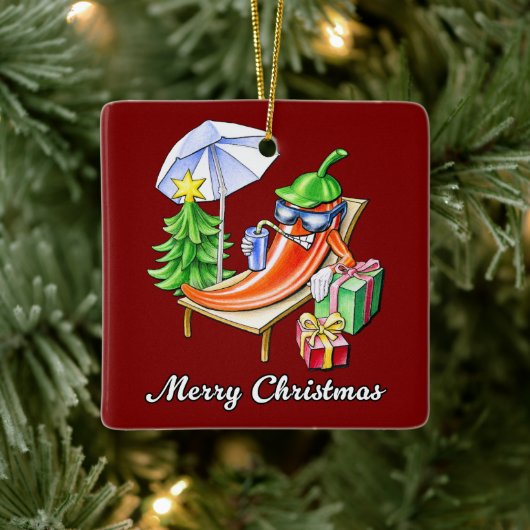 Vierkante Deep Red Merry Christmas Pepper Keramisch Ornament (Boom)