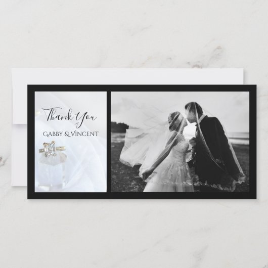 Vierkante diamanten ring en kristallen bruiloft da bedankkaart (Voorkant)