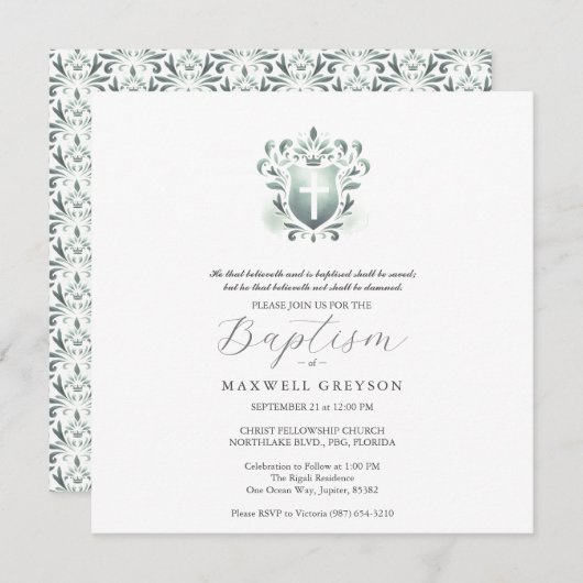 Vierkante Doop Uitnodigingen Sage Green Crest (Voorkant / Achterkant)