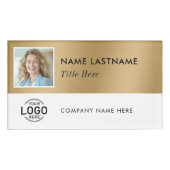 Vierkante foto Logo Faux Gold White Magnetic Large Naambadge (Voorkant)