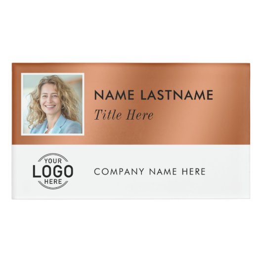 Vierkante foto Logo Faux Koper Wit Magnetisch Groo Naambadge (Voorkant)