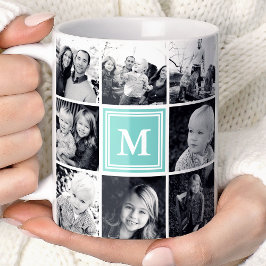 Vierkante Fotocollage Teal Met Monogram Op Maat Koffiemok
