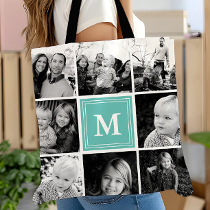 Vierkante Fotocollage Teal Persoonlijke Aanpassing Tote Bag