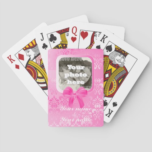 Vierkante fotosjabloon op roze demask pokerkaarten (Achterkant)