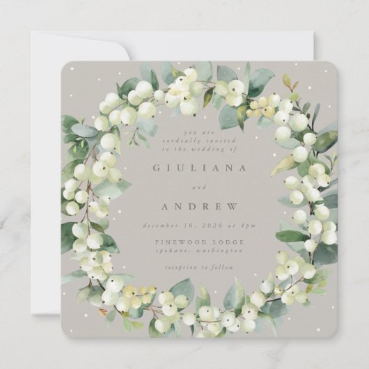 Vierkante Greige Snowberry+Eucalyptus krans bruilo Kaart (Voorkant)