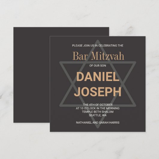Vierkante joodse ster Bar Mitswa - zwart goud Kaart (Voorkant / Achterkant)