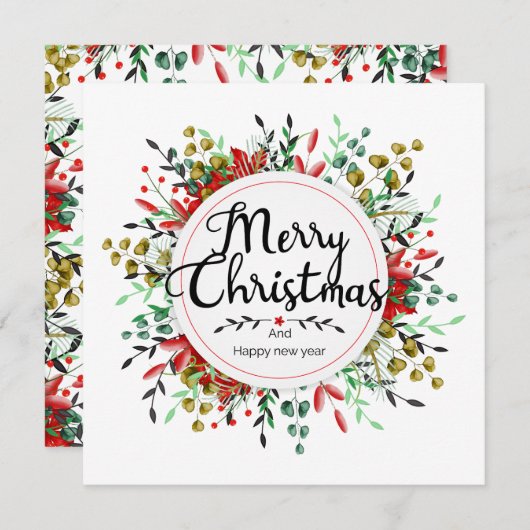 Vierkante Kerst Kaart Bloemkrans (Voorkant / Achterkant)