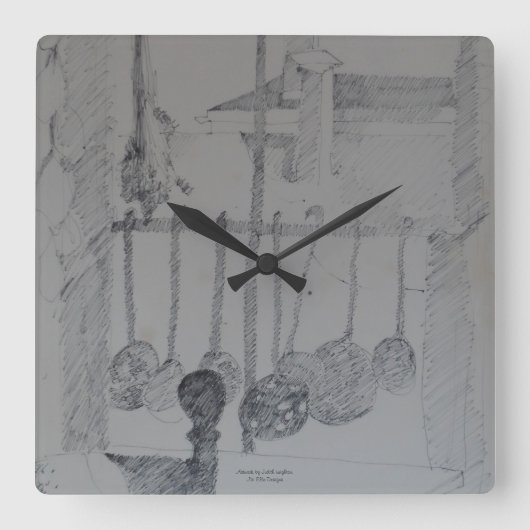 Vierkante klok met keukengietpannen en gereedschap (Voorkant)