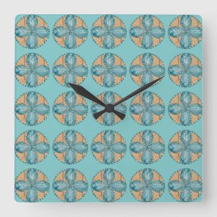 Vierkante klok met Turquoise Flower Design