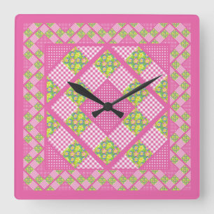Vierkante klok: Roze: Primroses, Polka Dots, Gingh Klok