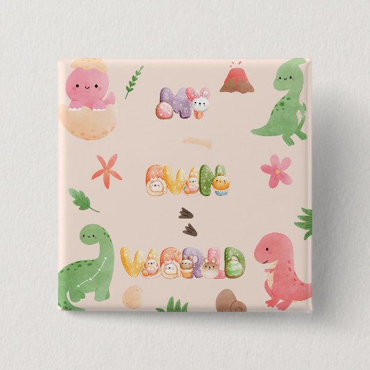 Vierkante Knop | Cute Dinosaur World Button 5,1 Cm (Voorkant)