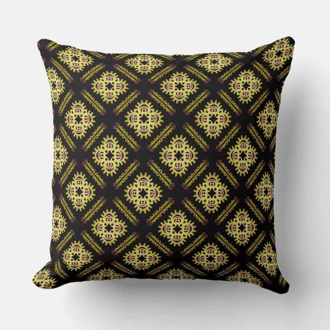 Vierkante kussen Jimette Design geel op zwart. (Voorkant)