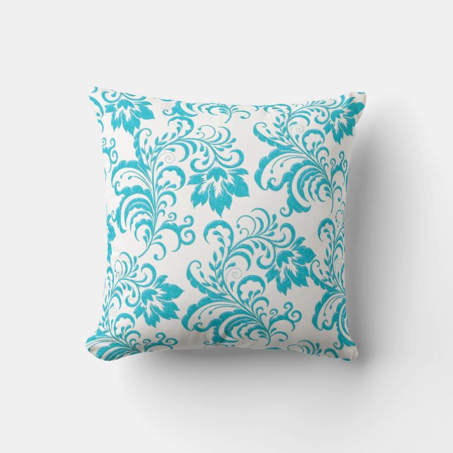Vierkante kussen Teal Blauwe Aqua Witte Damast Blo (Voorkant)