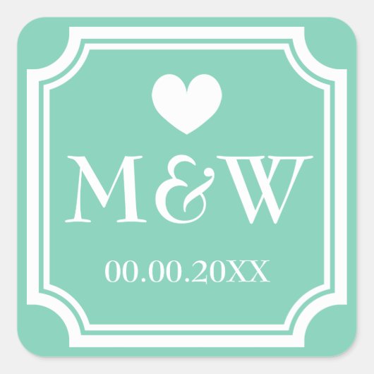 Vierkante munt monogram bruiloft gunst stickers ze (Voorkant)