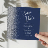 Vierkante Navy Blue Silver Glitter Save the Date Aankondiging