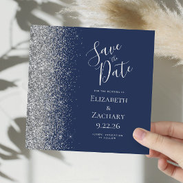 Vierkante Navy Blue Silver Glitter Save the Date Aankondiging