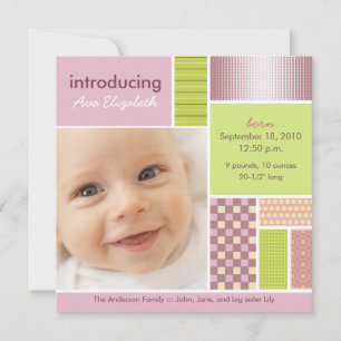 Vierkante Patchwork Roze Designer Geboorteaankondi Aankondiging